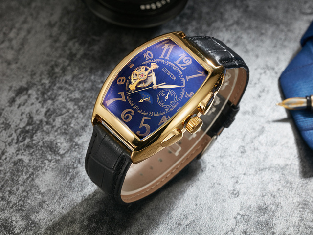 Zegarek męski SEWOR moda Tourbillon automatyczny mechaniczny, Tonneau Case, faza księżyca, małe sekundy - Wianko - 9