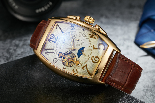 Zegarek męski SEWOR moda Tourbillon automatyczny mechaniczny, Tonneau Case, faza księżyca, małe sekundy - Wianko - 11