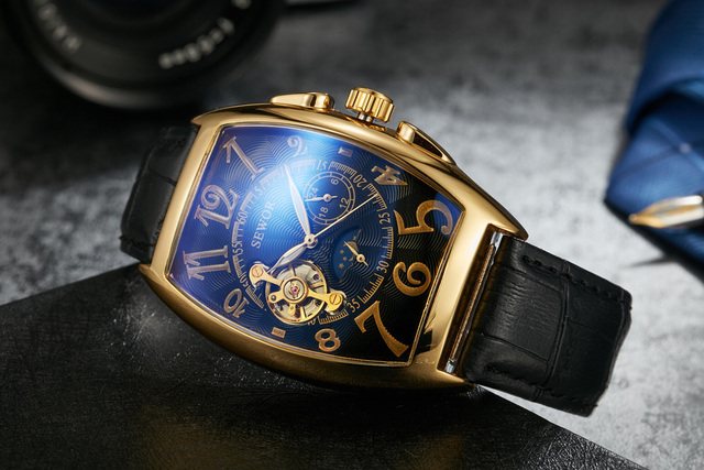 Zegarek męski SEWOR moda Tourbillon automatyczny mechaniczny, Tonneau Case, faza księżyca, małe sekundy - Wianko - 13