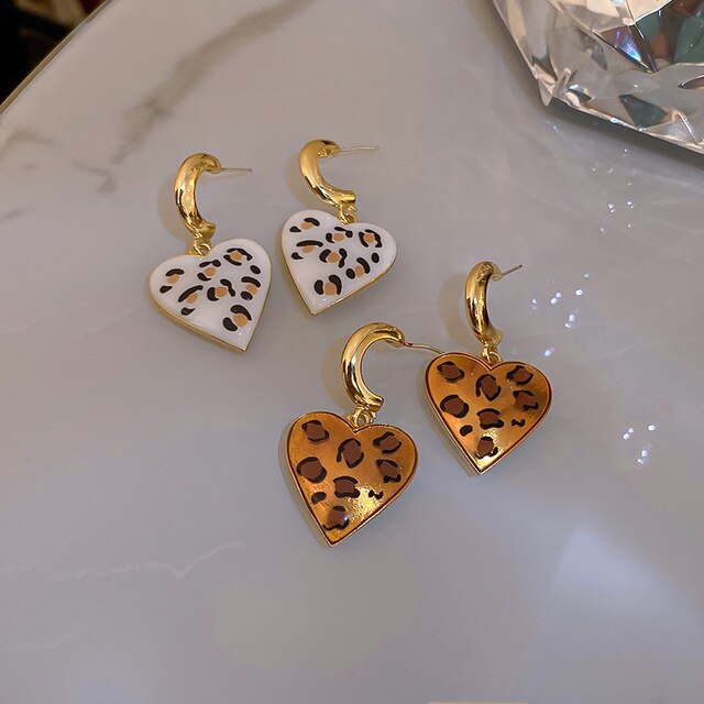 Dyndające kolczyki w kształcie serca z motywem leoparda w stylu vintage - złote, francuskie, U-magical - Wianko - 3