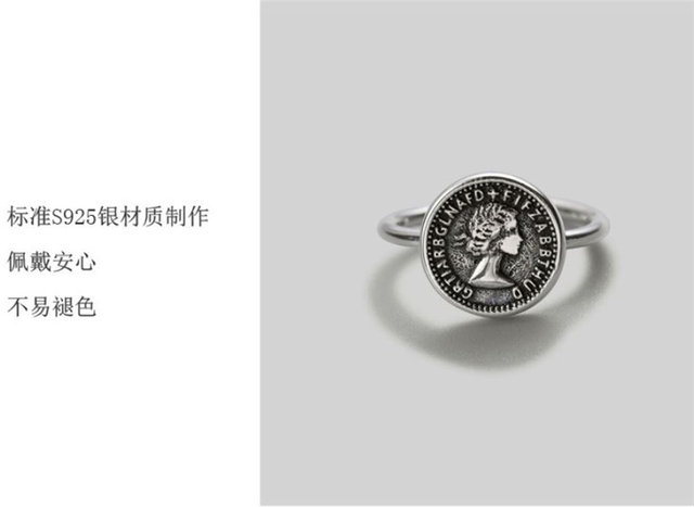 Pierścień otwarty Retro srebrny z okrągłą monetą, regulowany rozmiar - SR083 - Wianko - 15