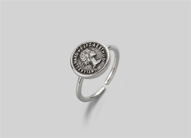 Pierścień otwarty Retro srebrny z okrągłą monetą, regulowany rozmiar - SR083 - Wianko - 18