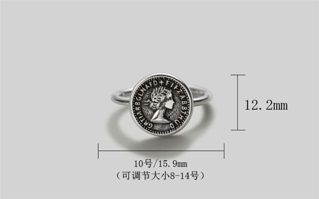 Pierścień otwarty Retro srebrny z okrągłą monetą, regulowany rozmiar - SR083 - Wianko - 12