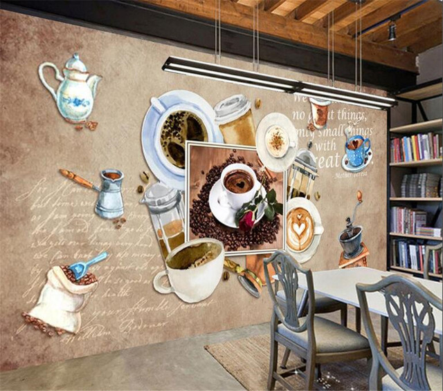 Ręcznie malowana tapeta 3D z motywem retro kawy, idealna do dekoracji kawiarni i barów - Wianko - 4