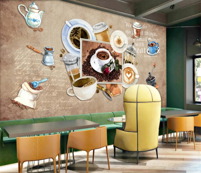 Ręcznie malowana tapeta 3D z motywem retro kawy, idealna do dekoracji kawiarni i barów - Wianko - 2