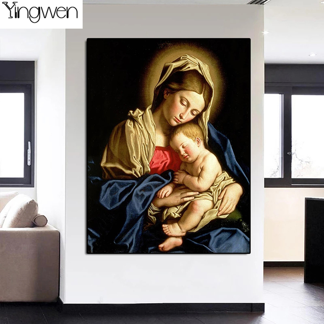 Diamentowe malowanie Maryi Panny i Dzieciątka Jezus - pełna sztuka ścienna do salonu - Wianko - 5