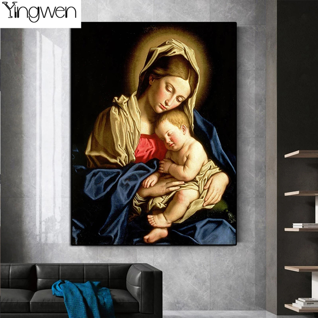 Diamentowe malowanie Maryi Panny i Dzieciątka Jezus - pełna sztuka ścienna do salonu - Wianko - 4
