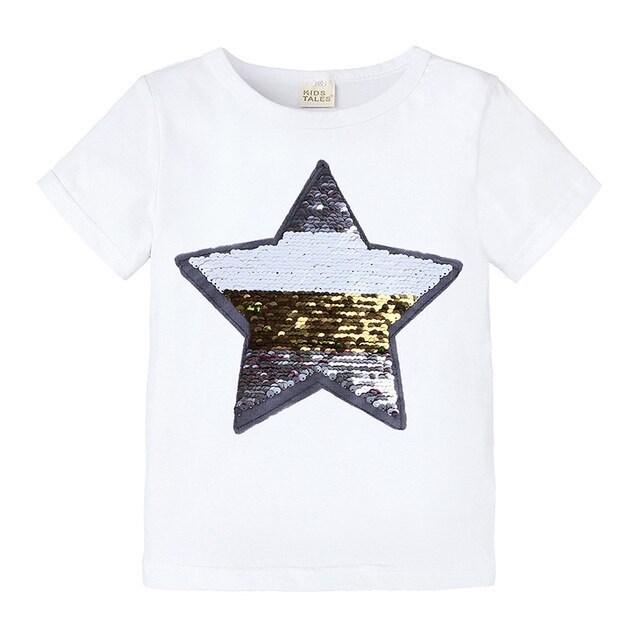 Koszulka dziecięca z bawełny Star z cekinami, krótki rękaw, okrągły dekolt - Wianko - 13