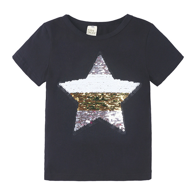 Koszulka dziecięca z bawełny Star z cekinami, krótki rękaw, okrągły dekolt - Wianko - 4