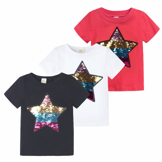 Koszulka dziecięca z bawełny Star z cekinami, krótki rękaw, okrągły dekolt - Wianko - 1