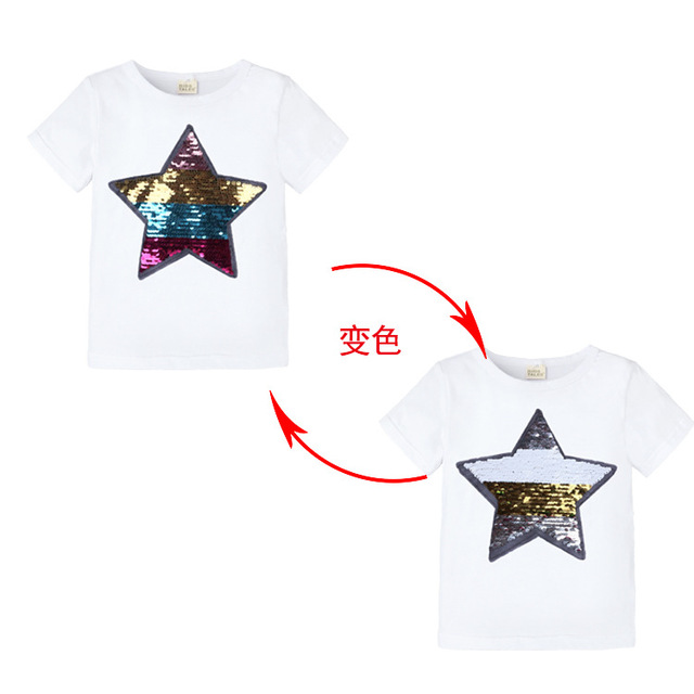 Koszulka dziecięca z bawełny Star z cekinami, krótki rękaw, okrągły dekolt - Wianko - 11
