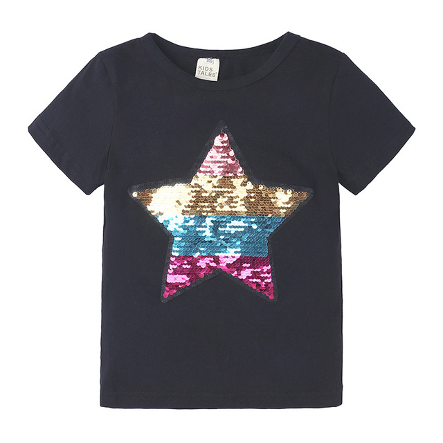Koszulka dziecięca z bawełny Star z cekinami, krótki rękaw, okrągły dekolt - Wianko - 3