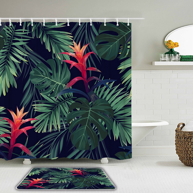 Zasłona prysznicowa z motywem tropikalnych roślin liściastych - 2 sztuki, wodoodporna tkanina, mata antypoślizgowa - Wianko - 5