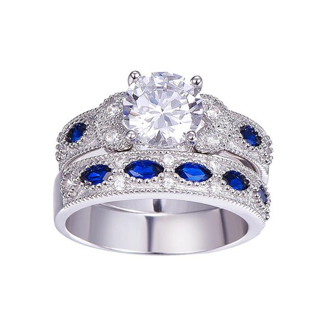 Biżuteria z białym CZ i Sapphires, pierścienie ślubne i zaręczynowe, srebro próby 925, wysoka jakość - Wianko - 3