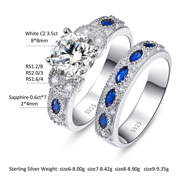 Biżuteria z białym CZ i Sapphires, pierścienie ślubne i zaręczynowe, srebro próby 925, wysoka jakość - Wianko - 2