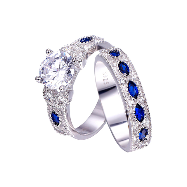 Biżuteria z białym CZ i Sapphires, pierścienie ślubne i zaręczynowe, srebro próby 925, wysoka jakość - Wianko - 4