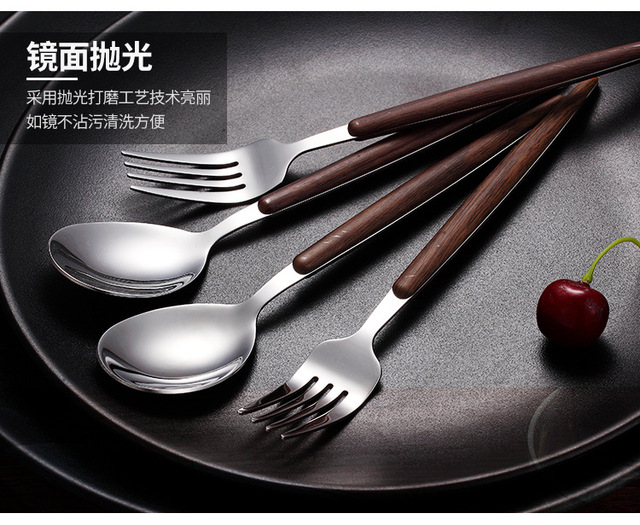Zestaw naczyń obiadowych, nóż do kotletów i widelec w stylu zachodnim, wykonane z imitacji drewna ze stali nierdzewnej 304 - Wianko - 30