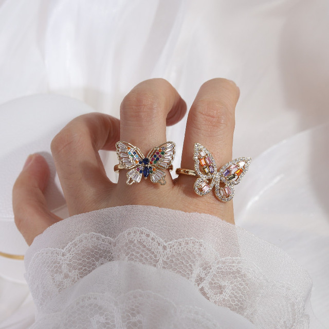 Biżuteria Korea - nowy projekt pierścień miedziany inkrustowany cyrkoniami, motyle, regulowany - Wianko - 2