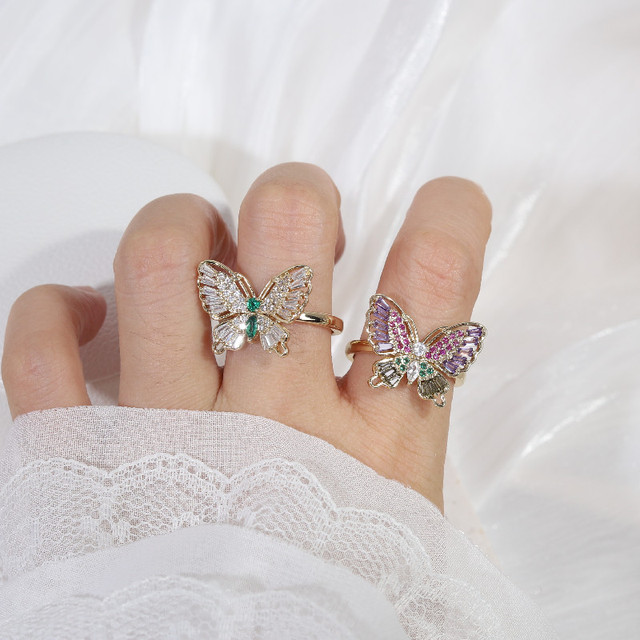 Biżuteria Korea - nowy projekt pierścień miedziany inkrustowany cyrkoniami, motyle, regulowany - Wianko - 1