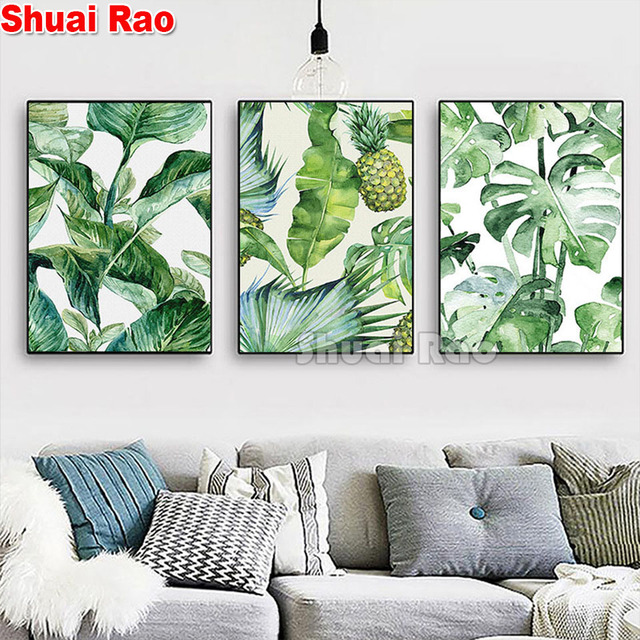 Diamentowy obraz - Zielone liście tropikalnej rośliny - 3 kawałki - Pełny kwadratowy i okrągły - Malarstwo 5D DIY Nordyckie wystrój - Wianko - 3