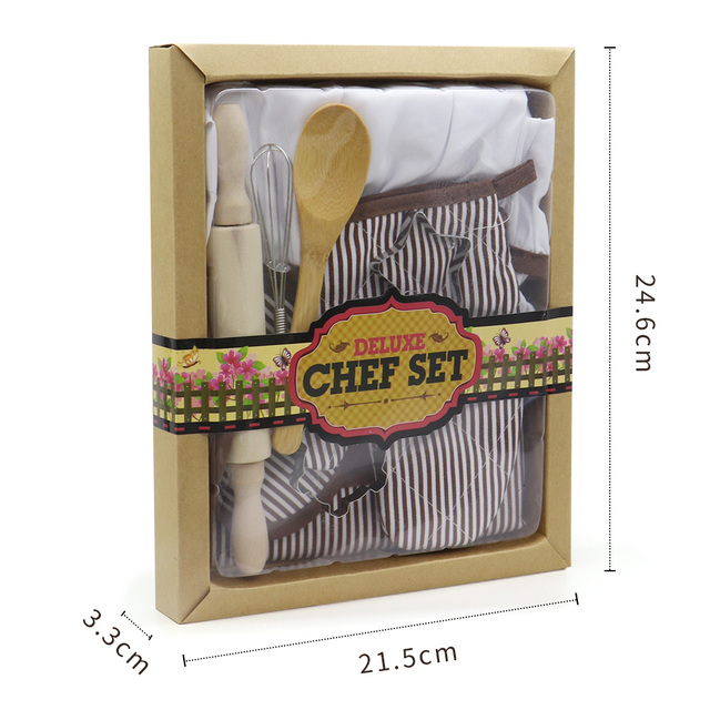 Drewniana zabawkowa kuchnia dla niemowląt - zestaw 11 sztuk: fartuch, czapka szefa kuchni, forma do pieczenia, naczynia - Wianko - 6