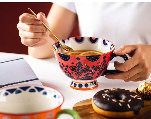 Ręcznie malowana ceramiczna filiżanka do kawy czeskiego kwiatu 420ML - duży kubek śniadaniowy do herbaty i kawy - Wianko - 2