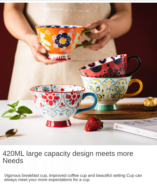 Ręcznie malowana ceramiczna filiżanka do kawy czeskiego kwiatu 420ML - duży kubek śniadaniowy do herbaty i kawy - Wianko - 10