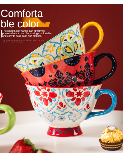 Ręcznie malowana ceramiczna filiżanka do kawy czeskiego kwiatu 420ML - duży kubek śniadaniowy do herbaty i kawy - Wianko - 7