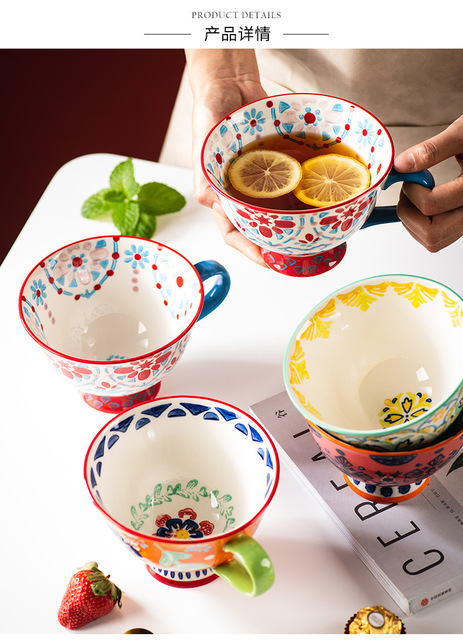 Ręcznie malowana ceramiczna filiżanka do kawy czeskiego kwiatu 420ML - duży kubek śniadaniowy do herbaty i kawy - Wianko - 4
