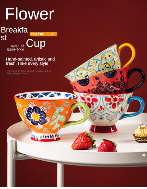 Ręcznie malowana ceramiczna filiżanka do kawy czeskiego kwiatu 420ML - duży kubek śniadaniowy do herbaty i kawy - Wianko - 1