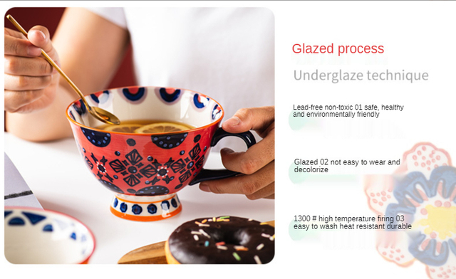 Ręcznie malowana ceramiczna filiżanka do kawy czeskiego kwiatu 420ML - duży kubek śniadaniowy do herbaty i kawy - Wianko - 8