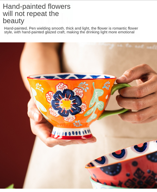 Ręcznie malowana ceramiczna filiżanka do kawy czeskiego kwiatu 420ML - duży kubek śniadaniowy do herbaty i kawy - Wianko - 5