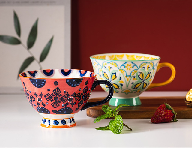 Ręcznie malowana ceramiczna filiżanka do kawy czeskiego kwiatu 420ML - duży kubek śniadaniowy do herbaty i kawy - Wianko - 11