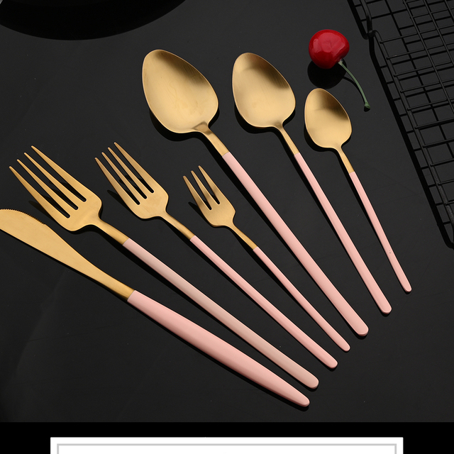 Zestaw stołowy Różowe Złoto: nóż, widelec, łyżeczka do kawy, łyżeczka stalowe, 18/10, ze stali nierdzewnej - Wianko - 1