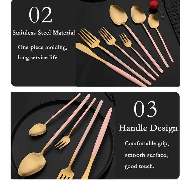 Zestaw stołowy Różowe Złoto: nóż, widelec, łyżeczka do kawy, łyżeczka stalowe, 18/10, ze stali nierdzewnej - Wianko - 10