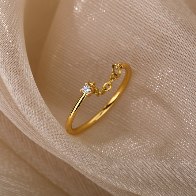 Cyrkonowa biżuteria dla kobiet - pierścionek łańcuchowy ze stali nierdzewnej, złoty kolor, srebrny palec - idealny prezent na Boże Narodzenie - Wianko - 3