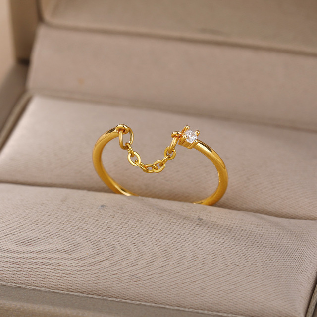 Cyrkonowa biżuteria dla kobiet - pierścionek łańcuchowy ze stali nierdzewnej, złoty kolor, srebrny palec - idealny prezent na Boże Narodzenie - Wianko - 1