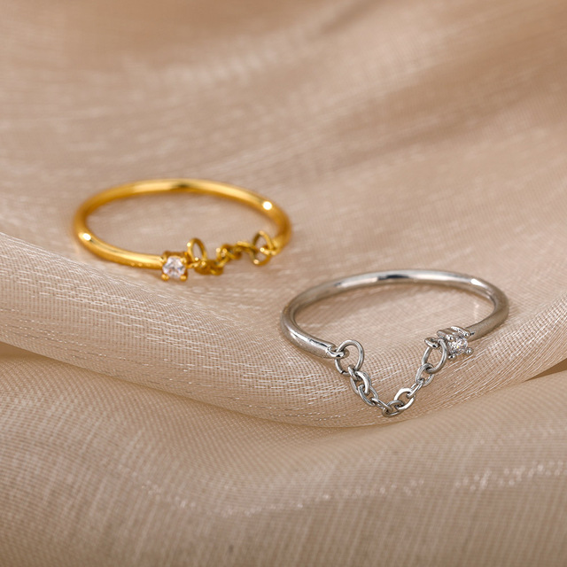 Cyrkonowa biżuteria dla kobiet - pierścionek łańcuchowy ze stali nierdzewnej, złoty kolor, srebrny palec - idealny prezent na Boże Narodzenie - Wianko - 4