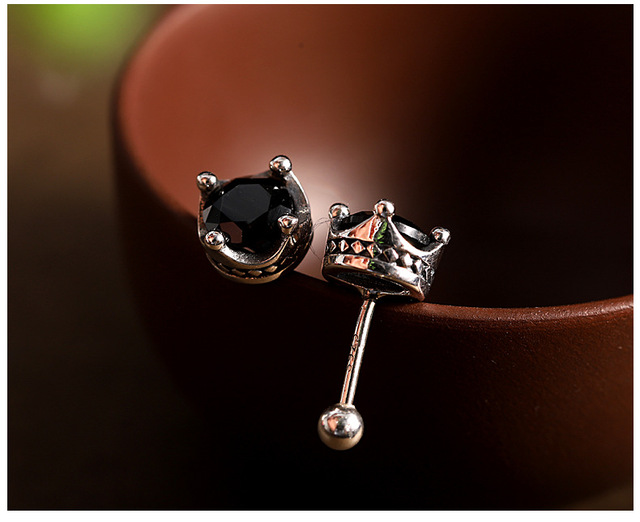 Modne kolczyki dla kobiet - korony w kształcie czarnego agatu, srebro próby 925, inkrustacja, hip-hop, para biżuterii - Wianko - 6