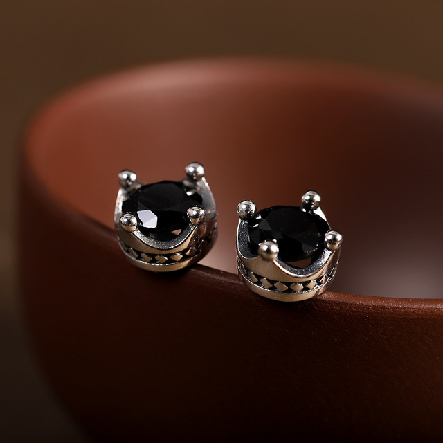 Modne kolczyki dla kobiet - korony w kształcie czarnego agatu, srebro próby 925, inkrustacja, hip-hop, para biżuterii - Wianko - 5