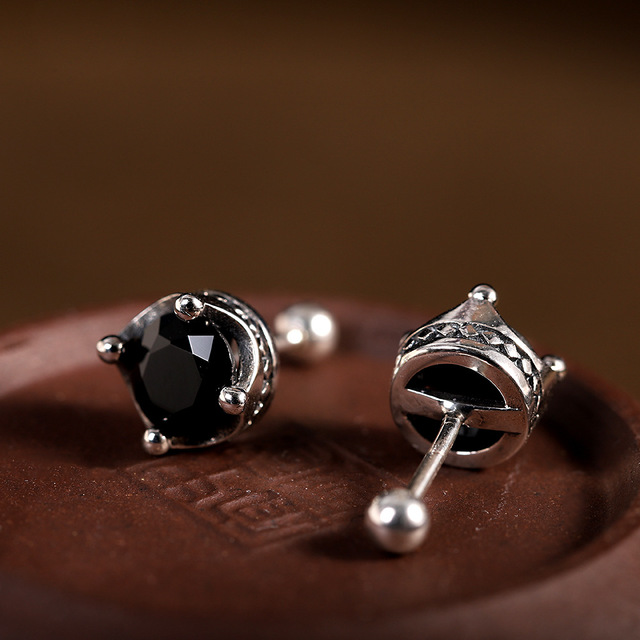 Modne kolczyki dla kobiet - korony w kształcie czarnego agatu, srebro próby 925, inkrustacja, hip-hop, para biżuterii - Wianko - 10