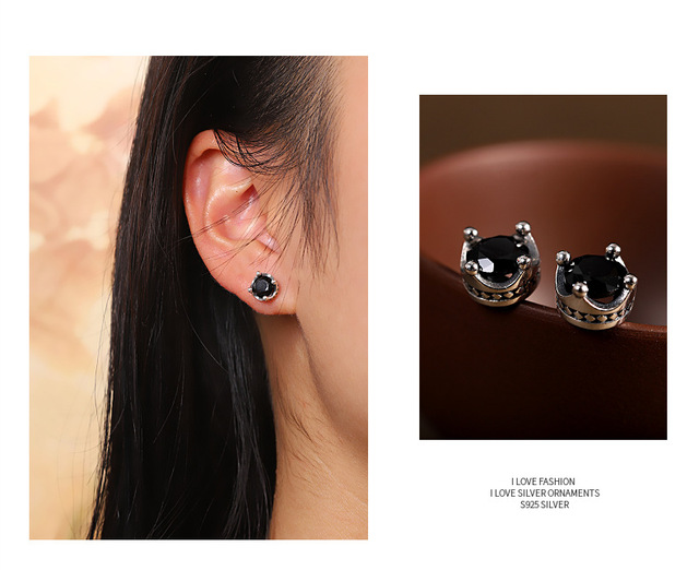 Modne kolczyki dla kobiet - korony w kształcie czarnego agatu, srebro próby 925, inkrustacja, hip-hop, para biżuterii - Wianko - 9