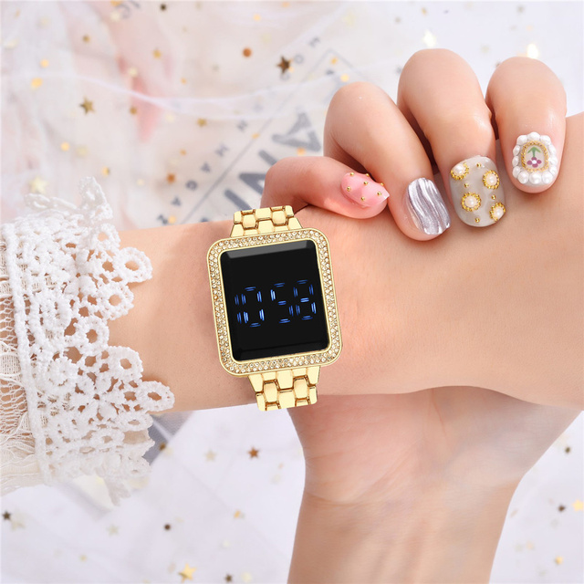 Luksusowy zegarek damski z kwadratowym ekranem dotykowym, cyfrowy, obsadzony kryształkami Rhinestone na stalowej bransolecie ze zegarem na rękę - Wianko - 14
