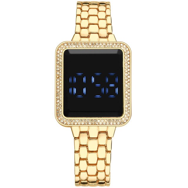 Luksusowy zegarek damski z kwadratowym ekranem dotykowym, cyfrowy, obsadzony kryształkami Rhinestone na stalowej bransolecie ze zegarem na rękę - Wianko - 20