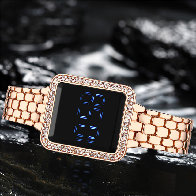 Luksusowy zegarek damski z kwadratowym ekranem dotykowym, cyfrowy, obsadzony kryształkami Rhinestone na stalowej bransolecie ze zegarem na rękę - Wianko - 8