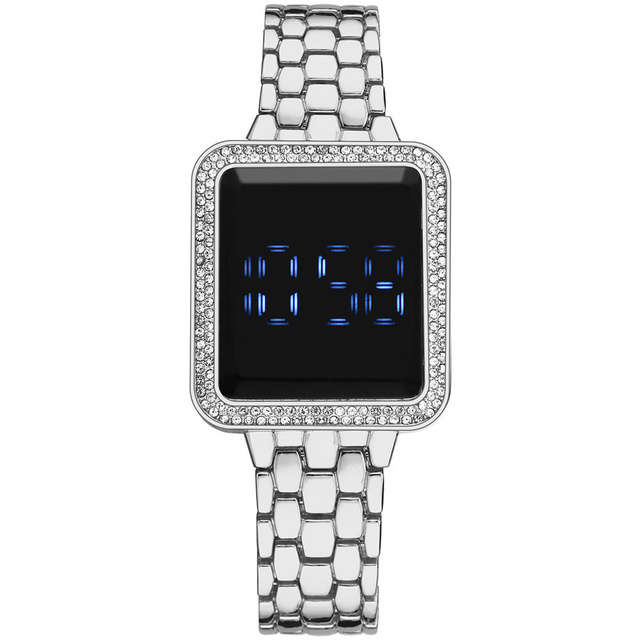 Luksusowy zegarek damski z kwadratowym ekranem dotykowym, cyfrowy, obsadzony kryształkami Rhinestone na stalowej bransolecie ze zegarem na rękę - Wianko - 18