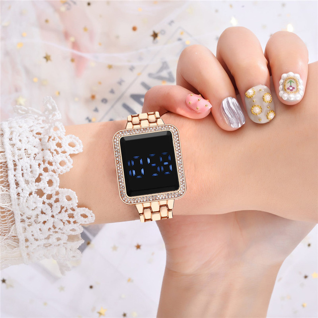 Luksusowy zegarek damski z kwadratowym ekranem dotykowym, cyfrowy, obsadzony kryształkami Rhinestone na stalowej bransolecie ze zegarem na rękę - Wianko - 12