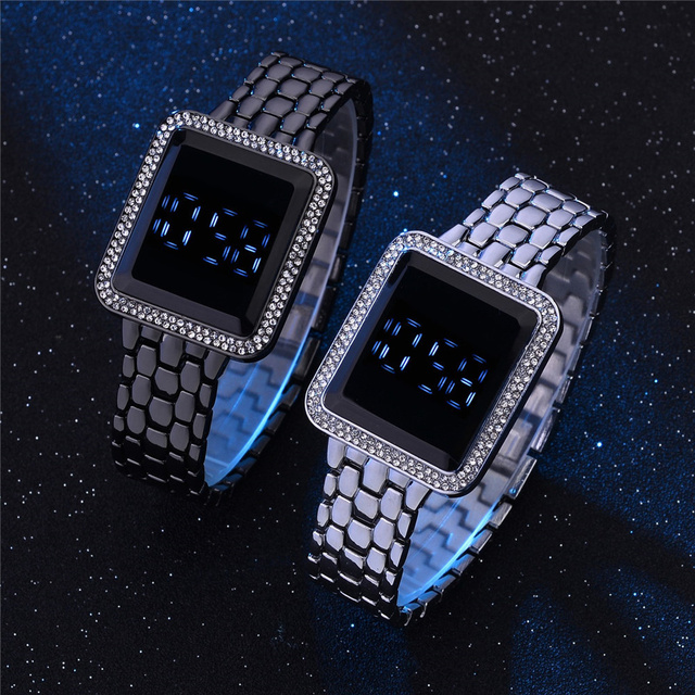 Luksusowy zegarek damski z kwadratowym ekranem dotykowym, cyfrowy, obsadzony kryształkami Rhinestone na stalowej bransolecie ze zegarem na rękę - Wianko - 5