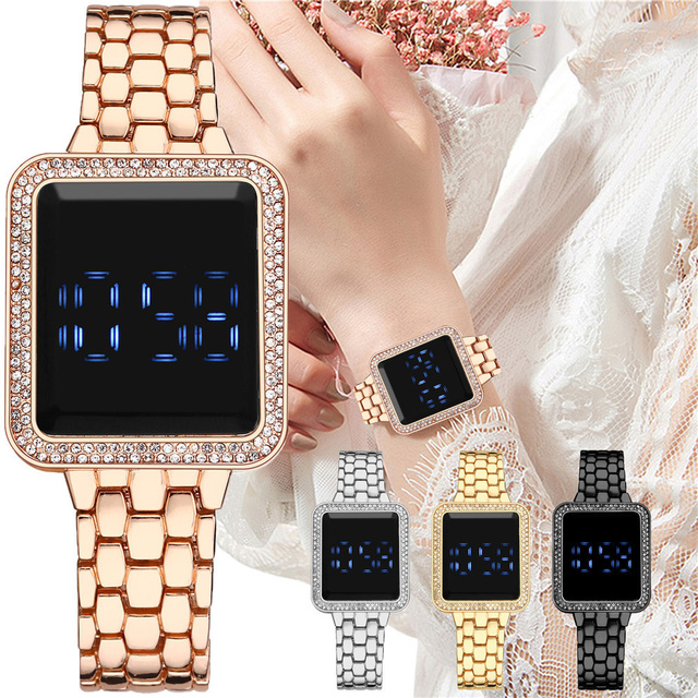 Luksusowy zegarek damski z kwadratowym ekranem dotykowym, cyfrowy, obsadzony kryształkami Rhinestone na stalowej bransolecie ze zegarem na rękę - Wianko - 16