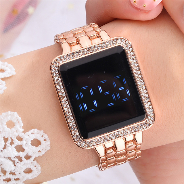 Luksusowy zegarek damski z kwadratowym ekranem dotykowym, cyfrowy, obsadzony kryształkami Rhinestone na stalowej bransolecie ze zegarem na rękę - Wianko - 4